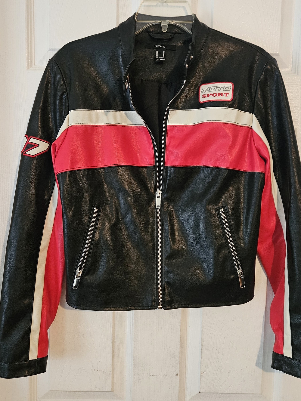 Forever 21 Black Faux Leather Red White Embroidered Racer Moto Jacket Size M